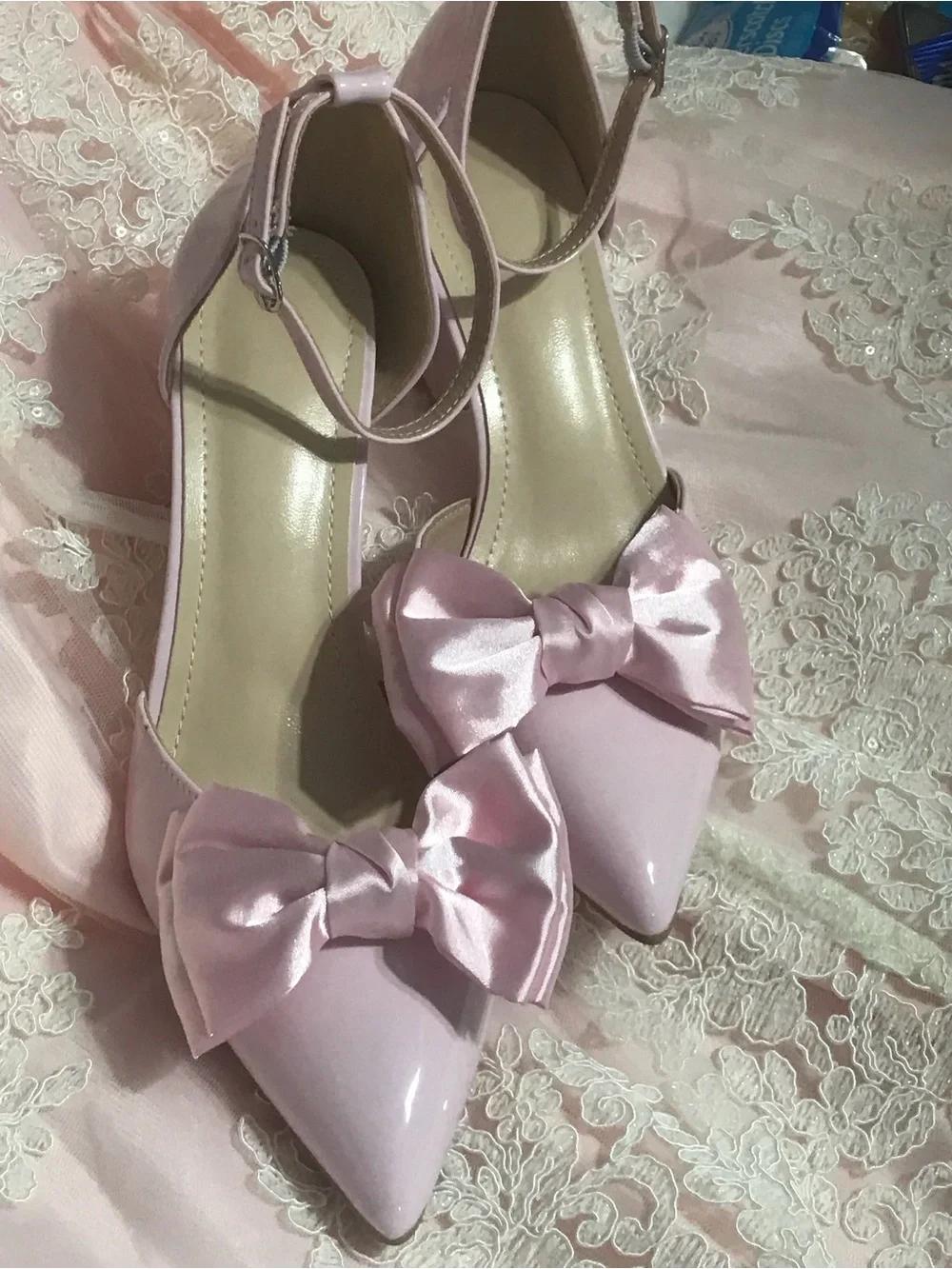 Women's Pink Bow Pointed Toe Block Heel Pumps